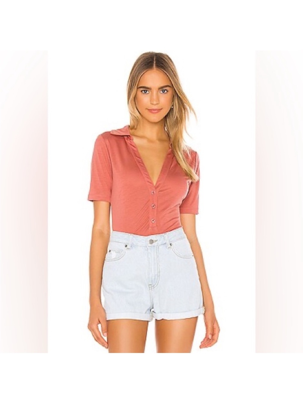 L’Academie Revolve Burnt Orange Lyocell Henley Deep V-Neck Polo Top S $115